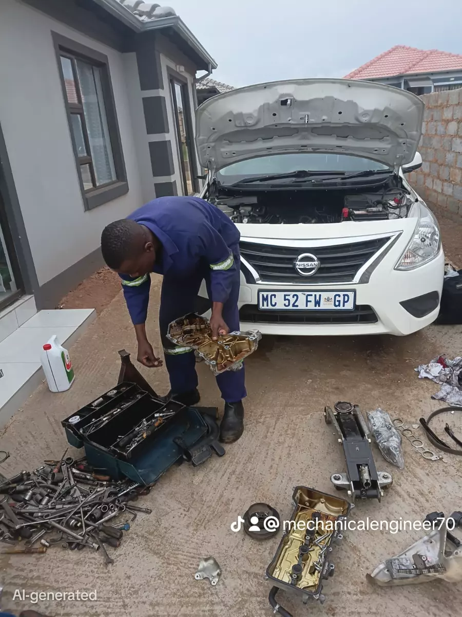 Mechanic working on a car in a driveway with tools