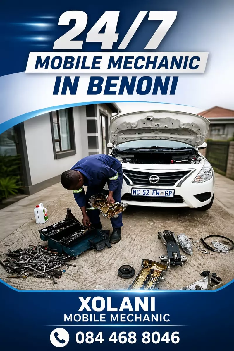Xolani Mobile Mechanic promotional flyer showing a mechanic working on a car engine